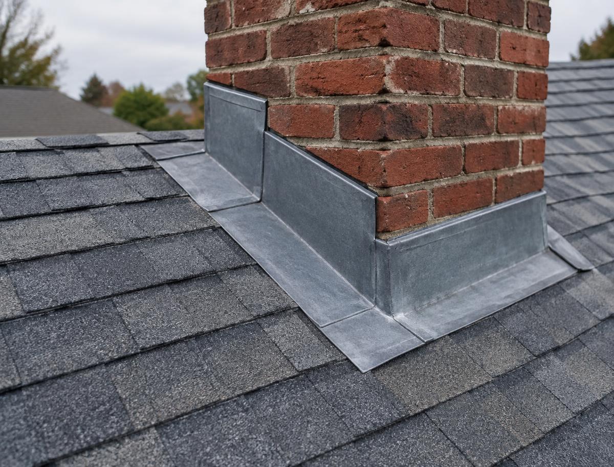 Metal step flashing where an asphalt shingle roof meets a brick chimney